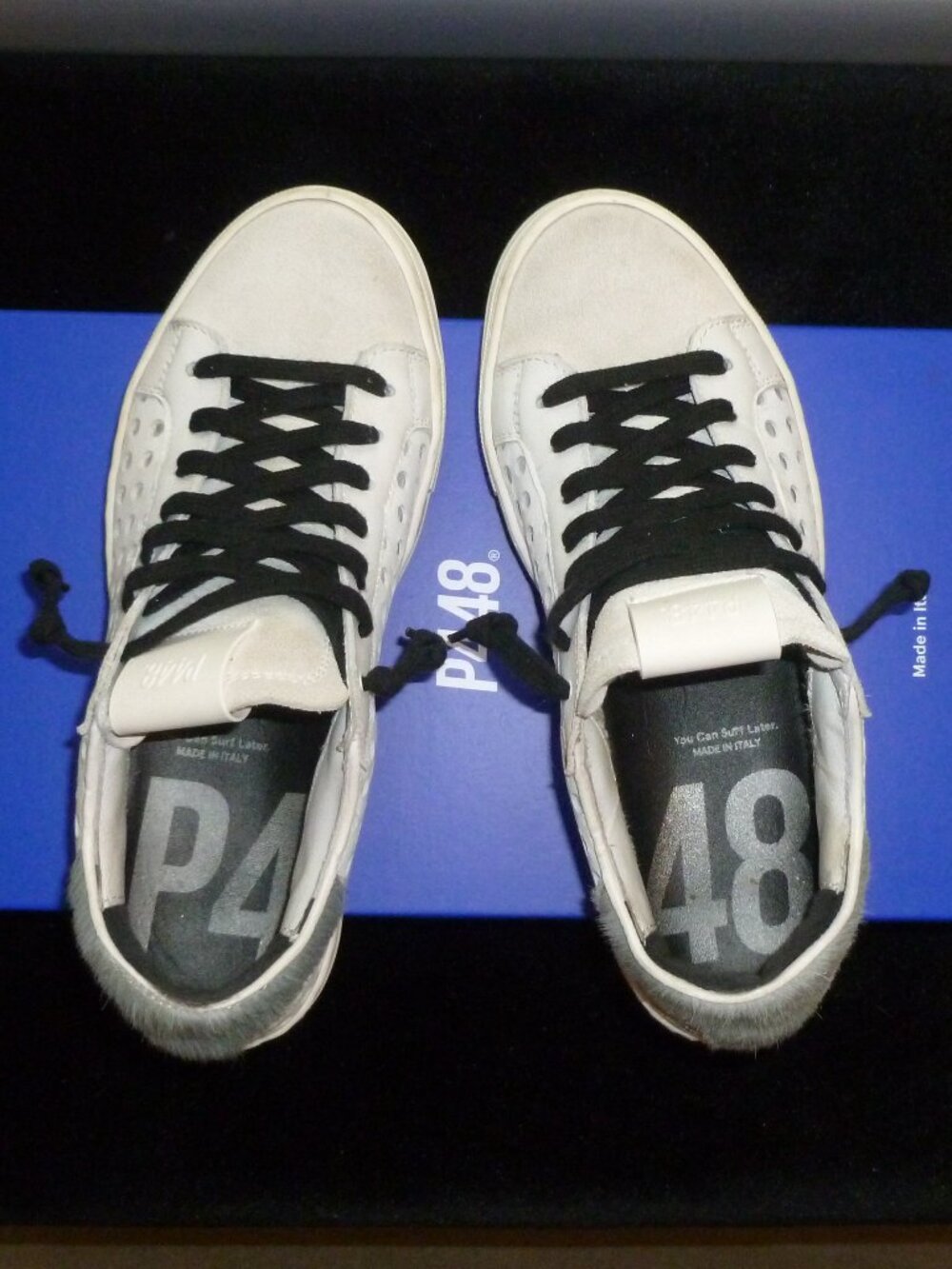 Authentic P448 White Leather w/ Perforated Silver Detail Muski Sneakers Size 38